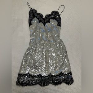 Silver sequin and black lace mini dress NWT